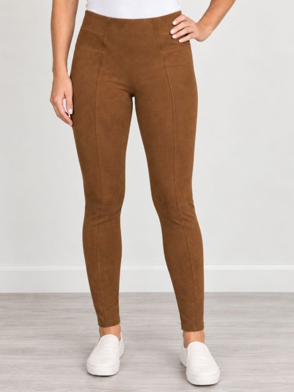 SPANX High Waist Faux Suede Leggings Womens M Brown Compression Skinny Pants